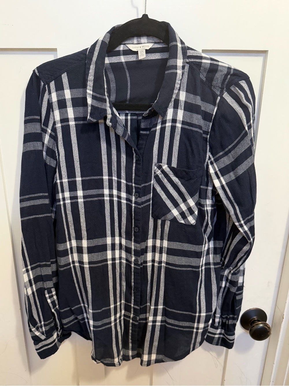 Lucky Brand Womens Navy Plaid Button Down Shirt Tunic Size Medium